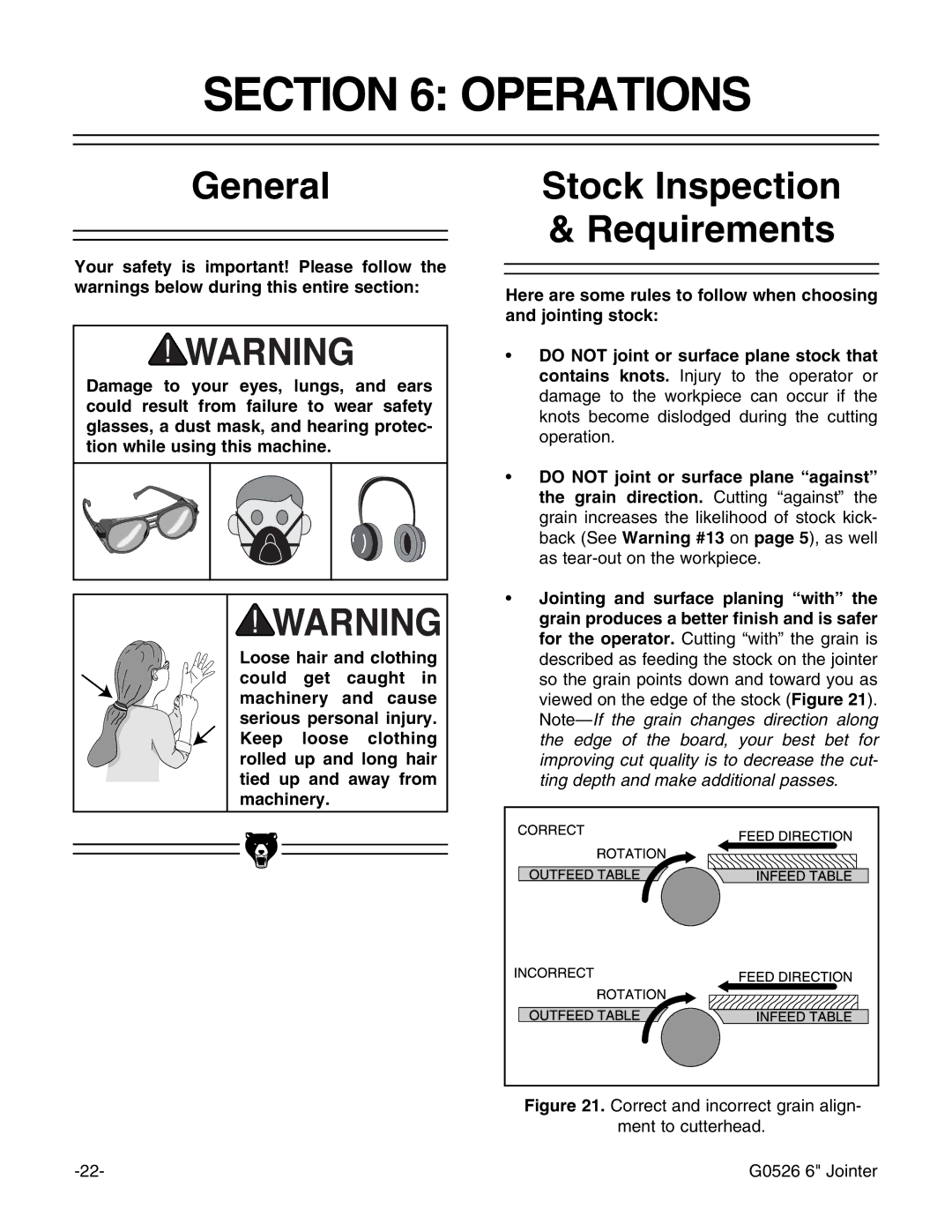 Grizzly G0526 instruction manual Operations, General, Stock Inspection & Requirements 