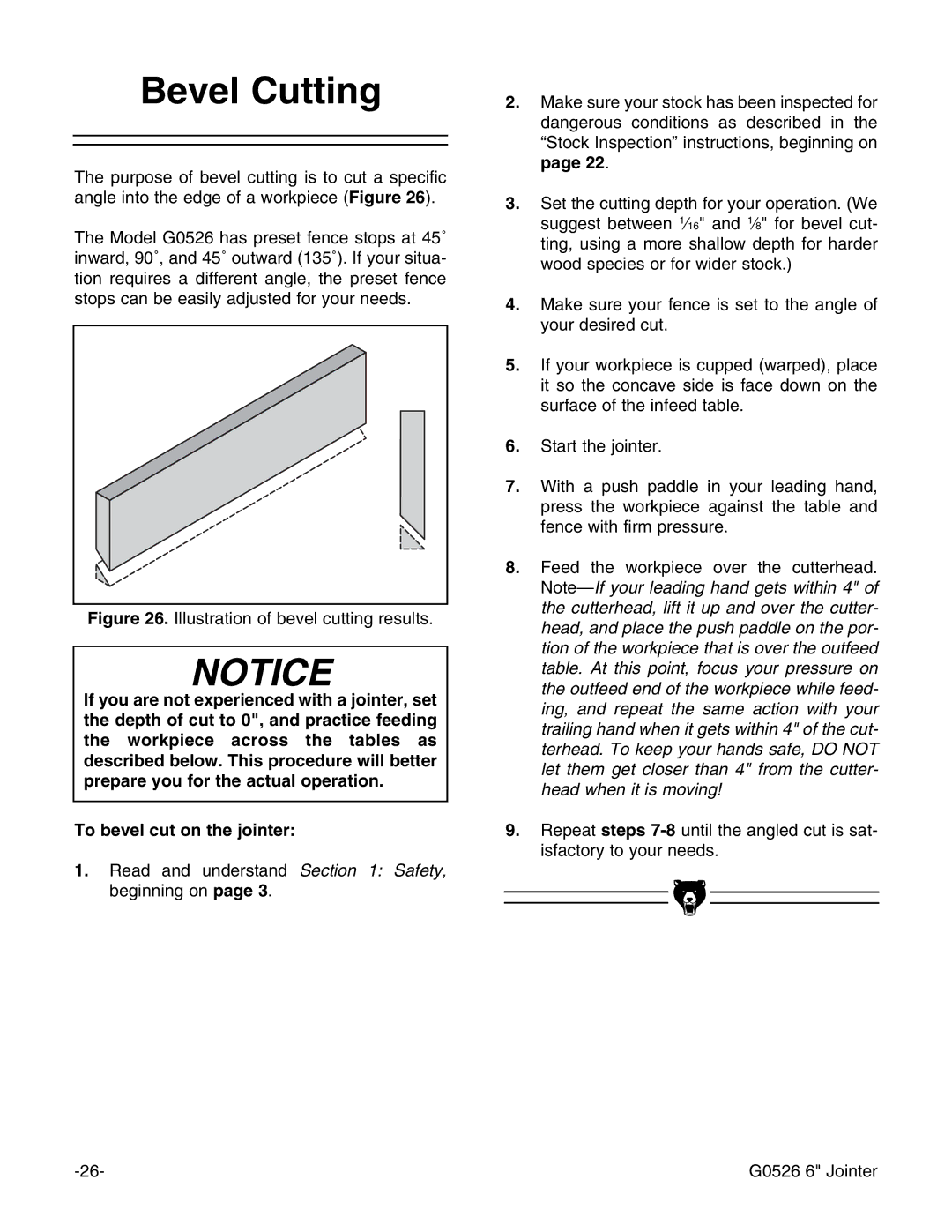 Grizzly G0526 instruction manual Bevel Cutting, Illustration of bevel cutting results 