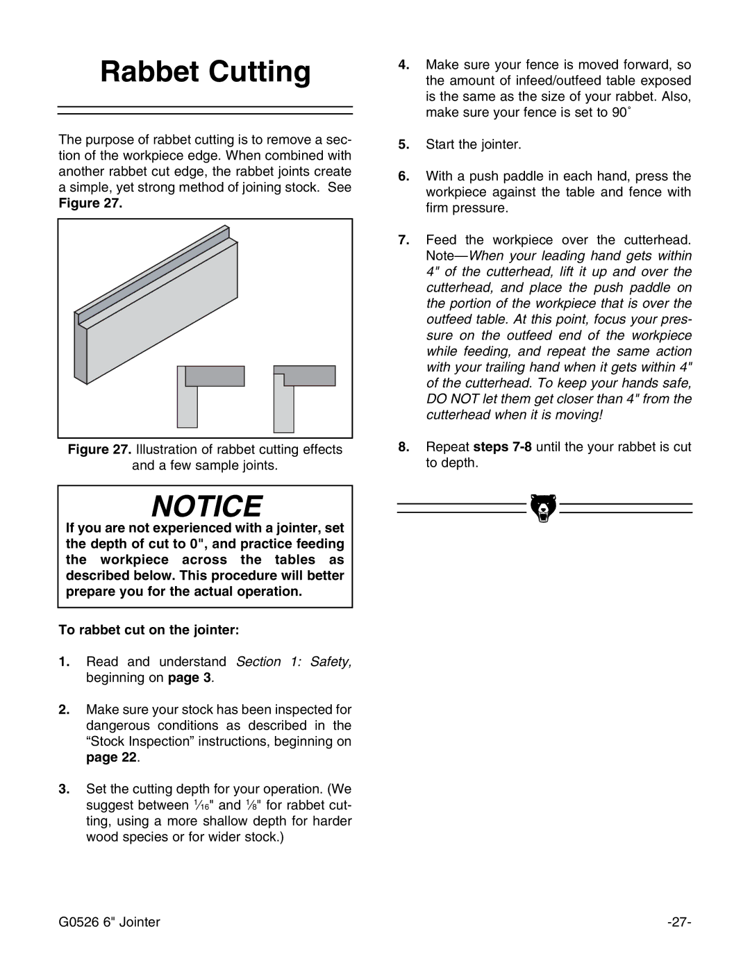 Grizzly G0526 instruction manual Rabbet Cutting, Illustration of rabbet cutting effects A few sample joints 