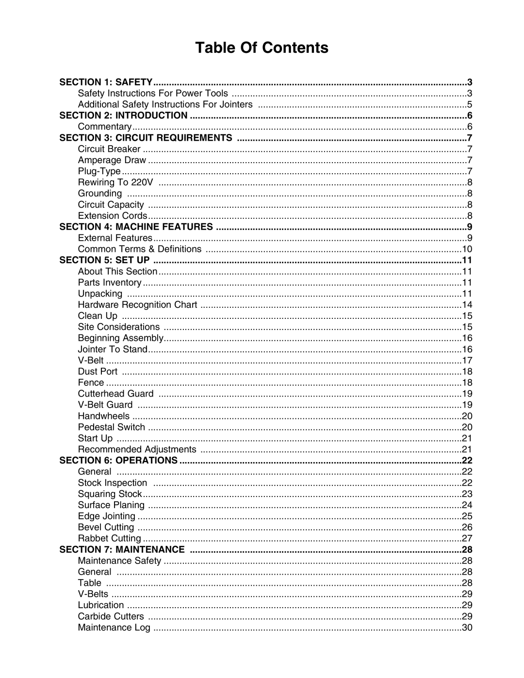 Grizzly G0526 instruction manual Table Of Contents 