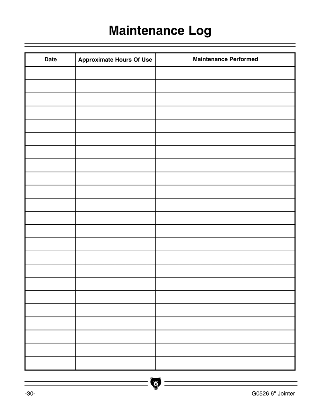 Grizzly G0526 instruction manual Maintenance Log, Date Approximate Hours Of Use Maintenance Performed 