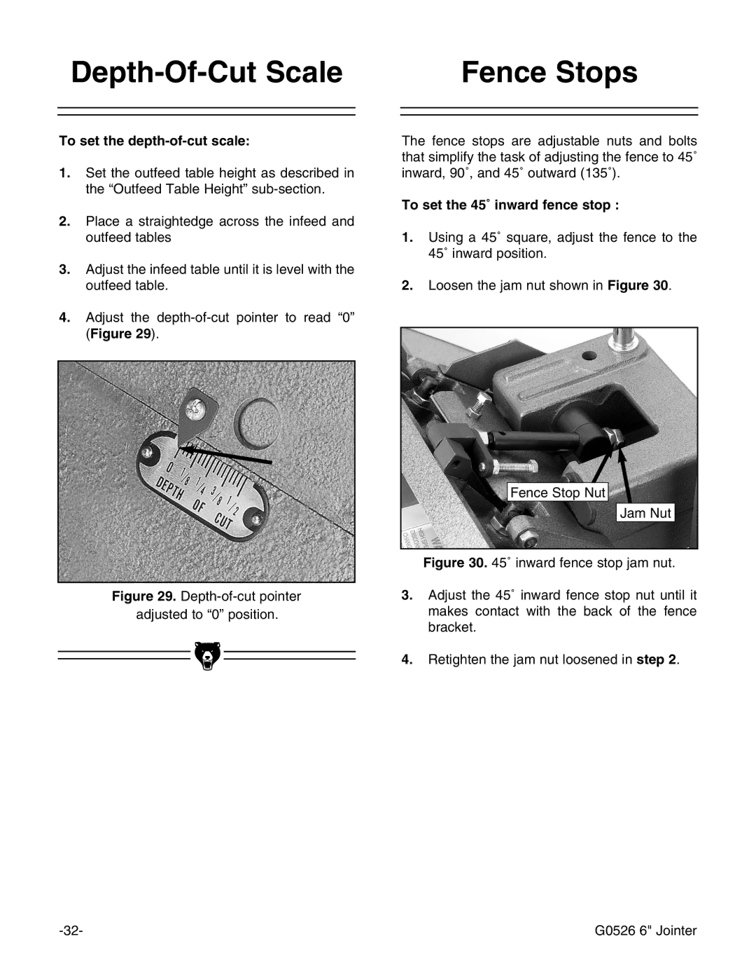 Grizzly G0526 Depth-Of-Cut Scale Fence Stops, To set the depth-of-cut scale, To set the 45˚ inward fence stop 