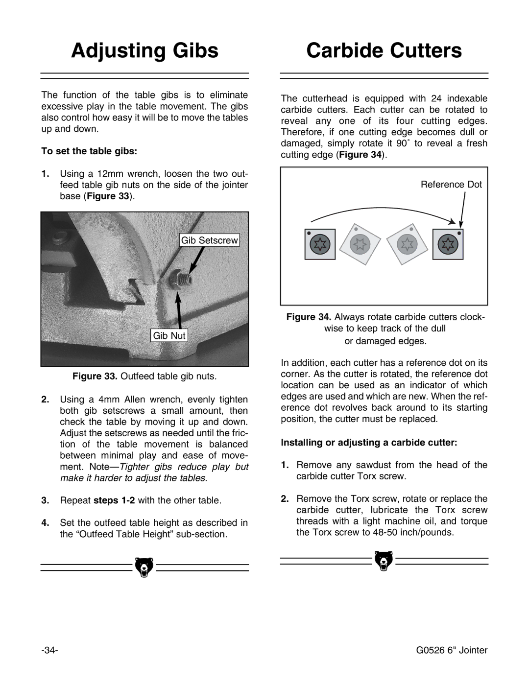 Grizzly G0526 Adjusting Gibs Carbide Cutters, To set the table gibs, Installing or adjusting a carbide cutter 