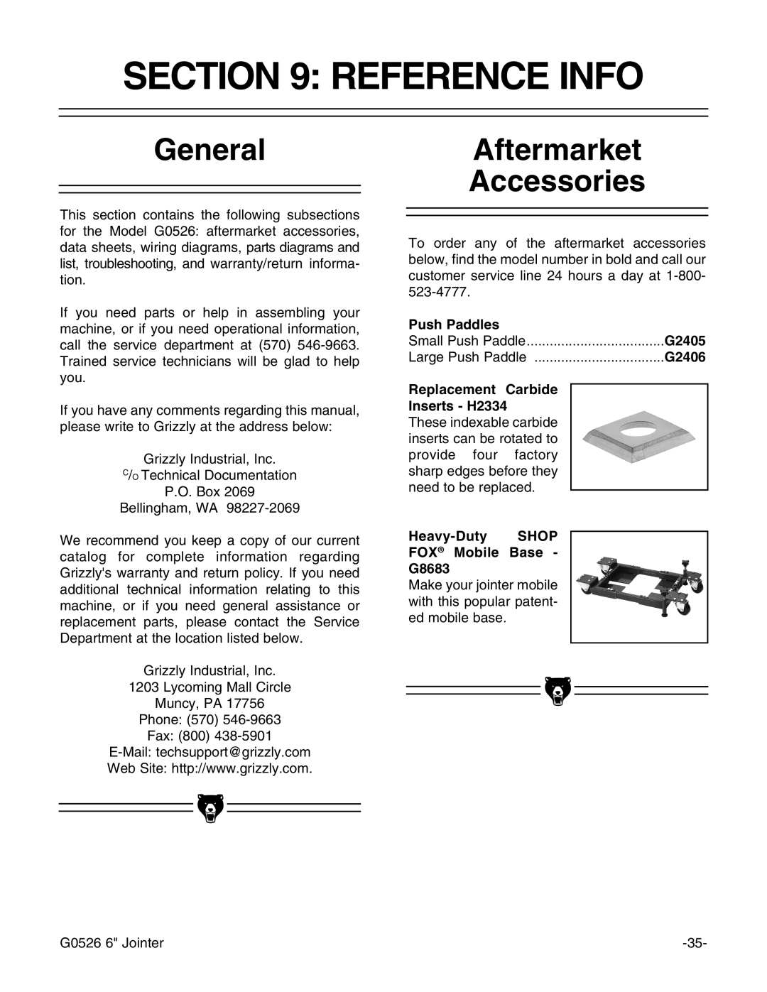 Grizzly G0526 instruction manual Reference Info, Aftermarket Accessories 