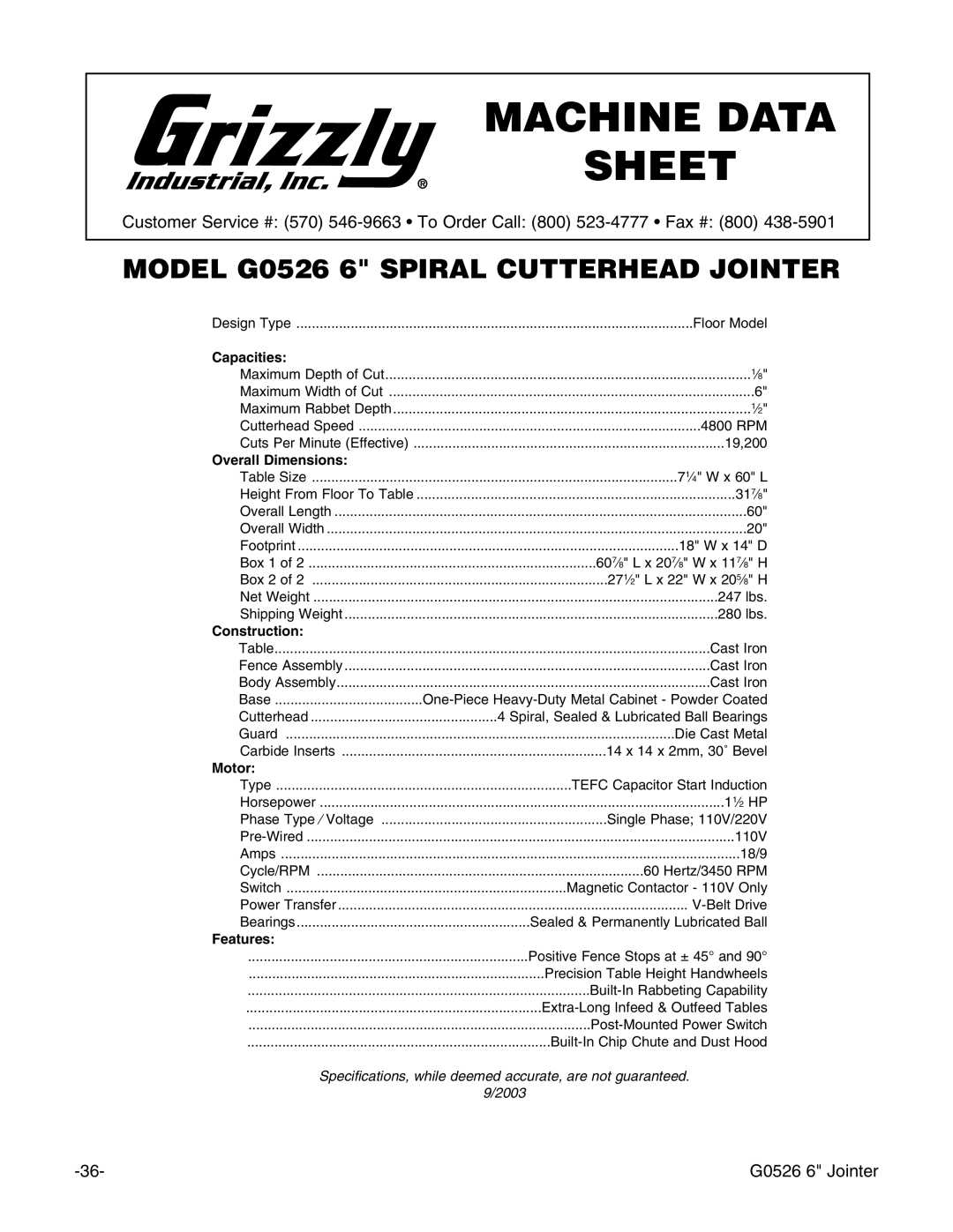 Grizzly G0526 instruction manual Machine Data Sheet 