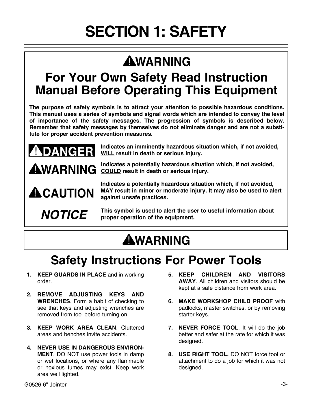 Grizzly G0526 instruction manual Safety Instructions For Power Tools 