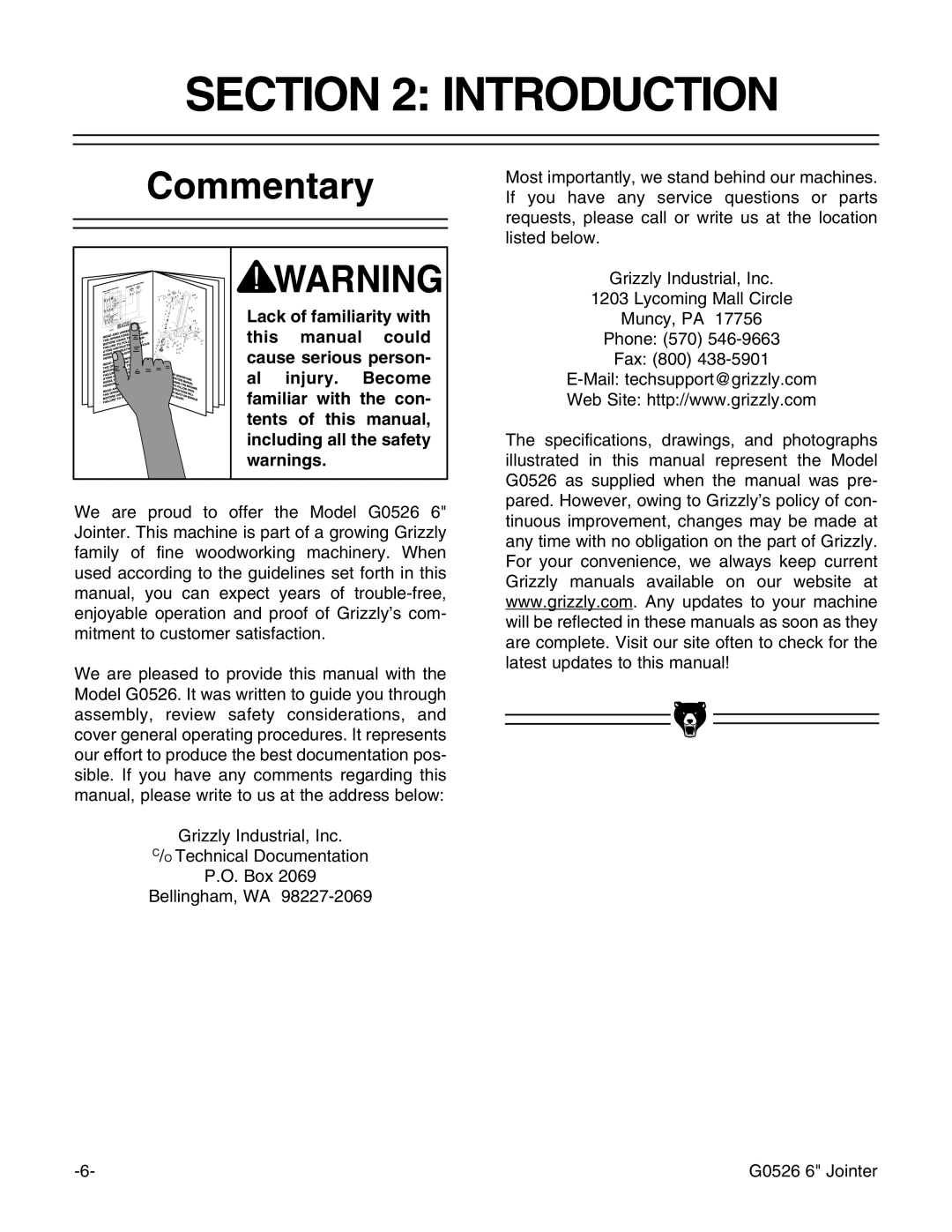 Grizzly G0526 instruction manual Introduction, Commentary 