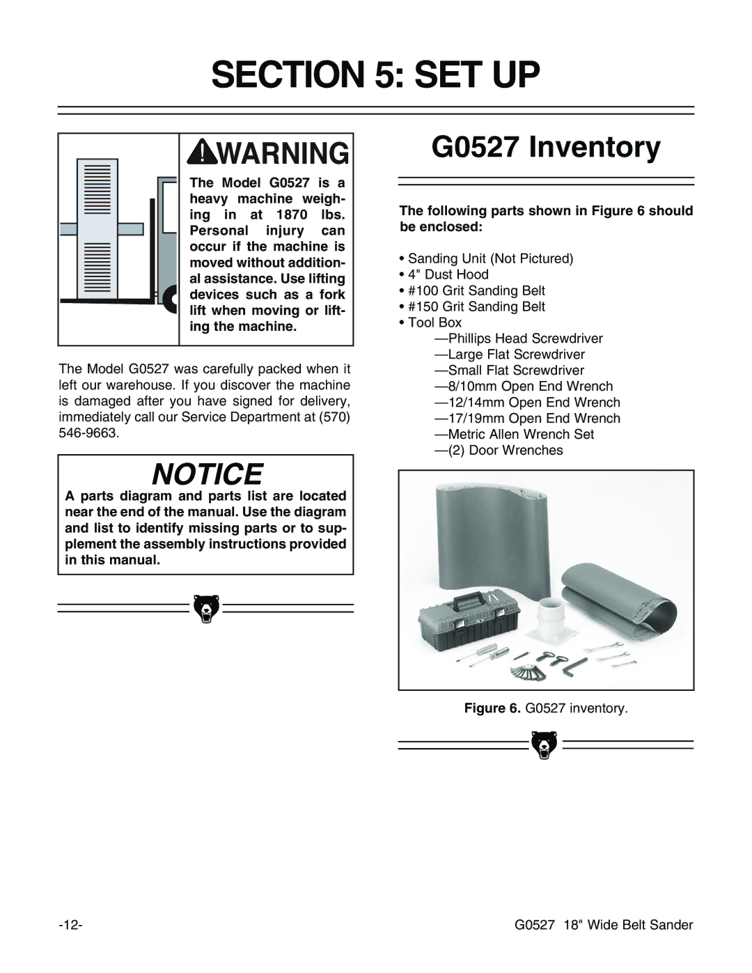 Grizzly instruction manual Set Up, G0527 Inventory, Following parts shown in should be enclosed 