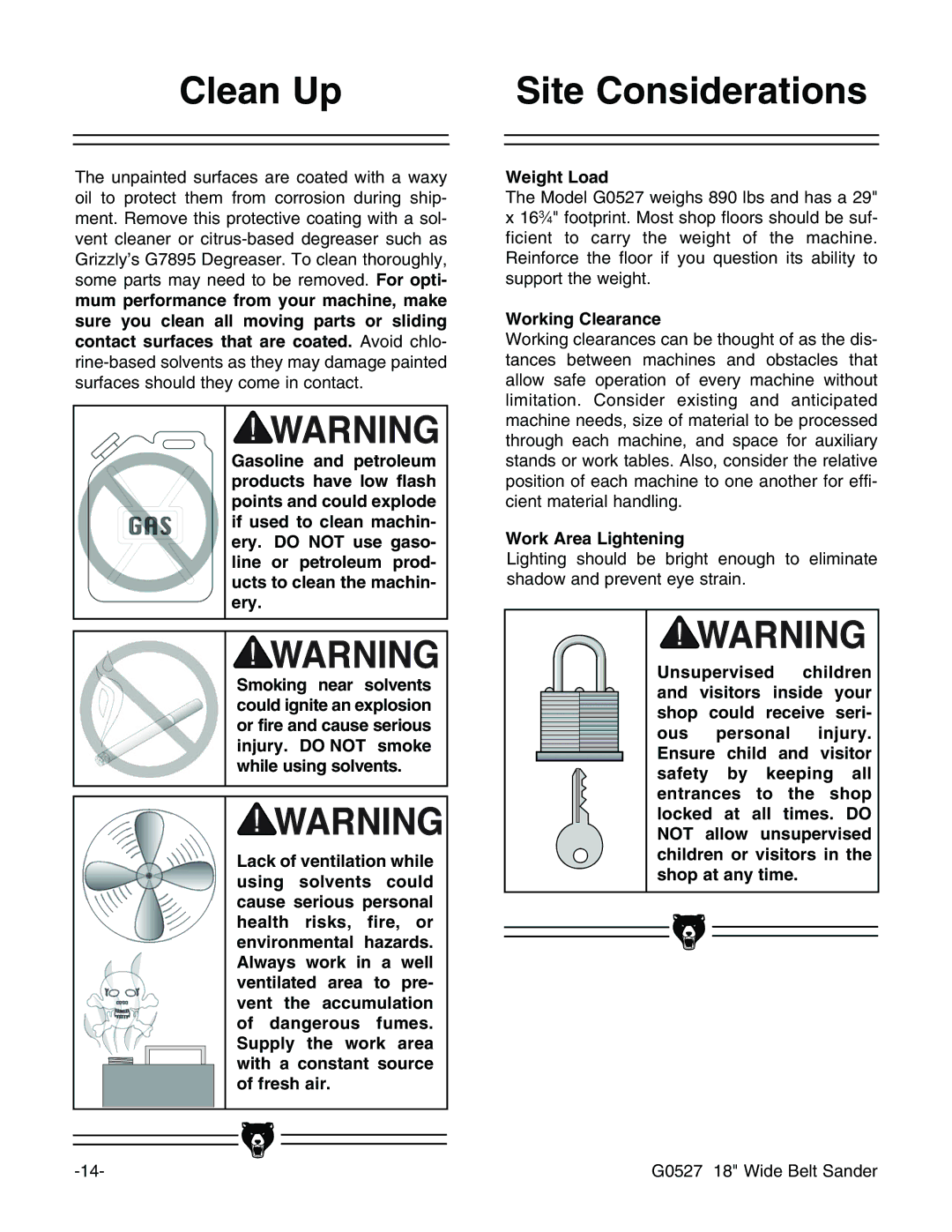 Grizzly G0527 instruction manual Clean Up Site Considerations, Working Clearance, Work Area Lightening 