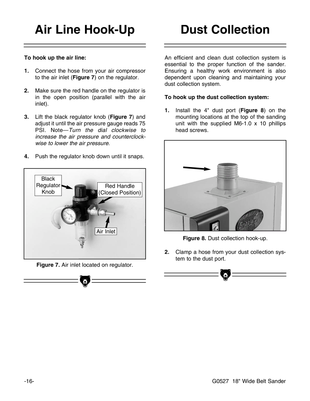 Grizzly G0527 Air Line Hook-Up Dust Collection, To hook up the air line, To hook up the dust collection system 