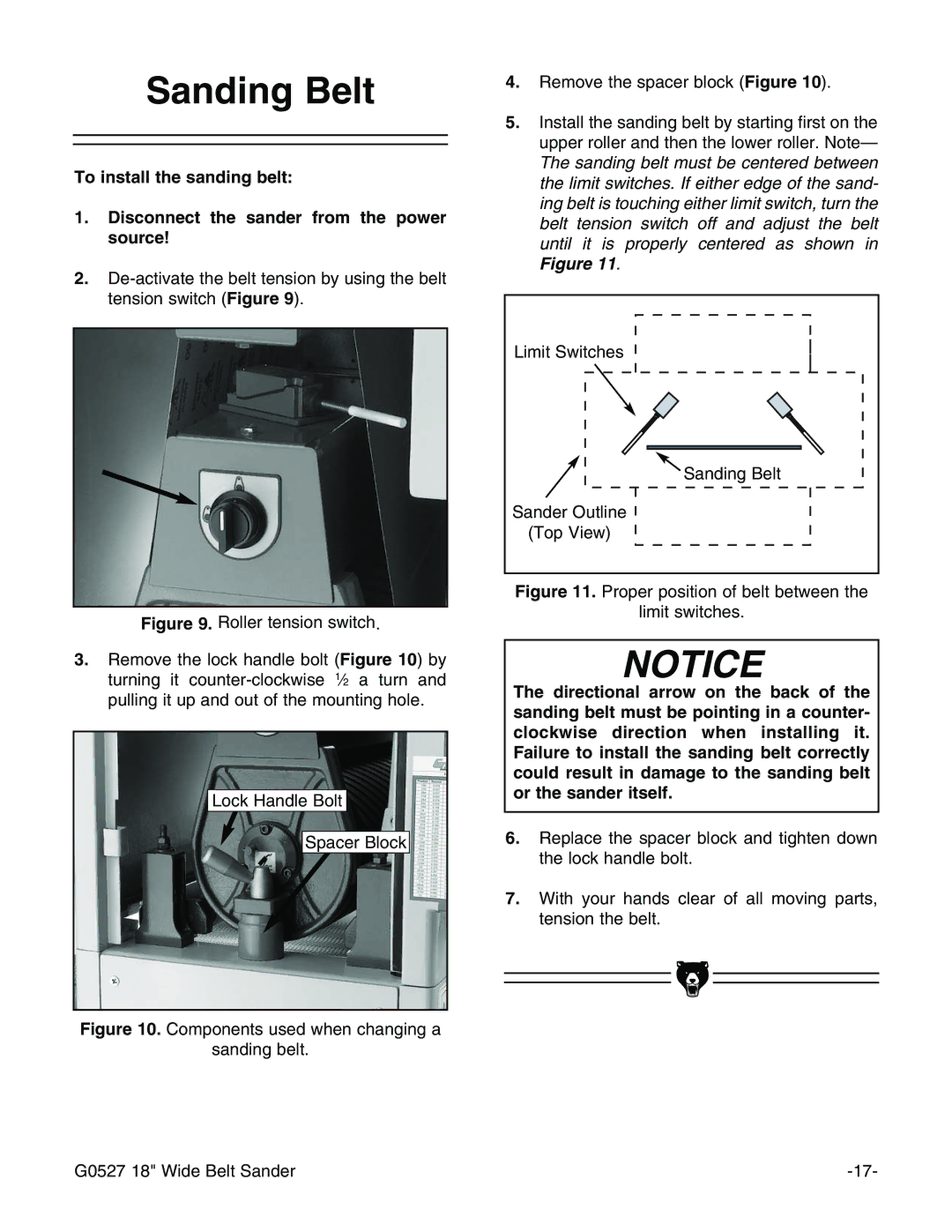 Grizzly G0527 instruction manual Sanding Belt, Proper position of belt between Limit switches 