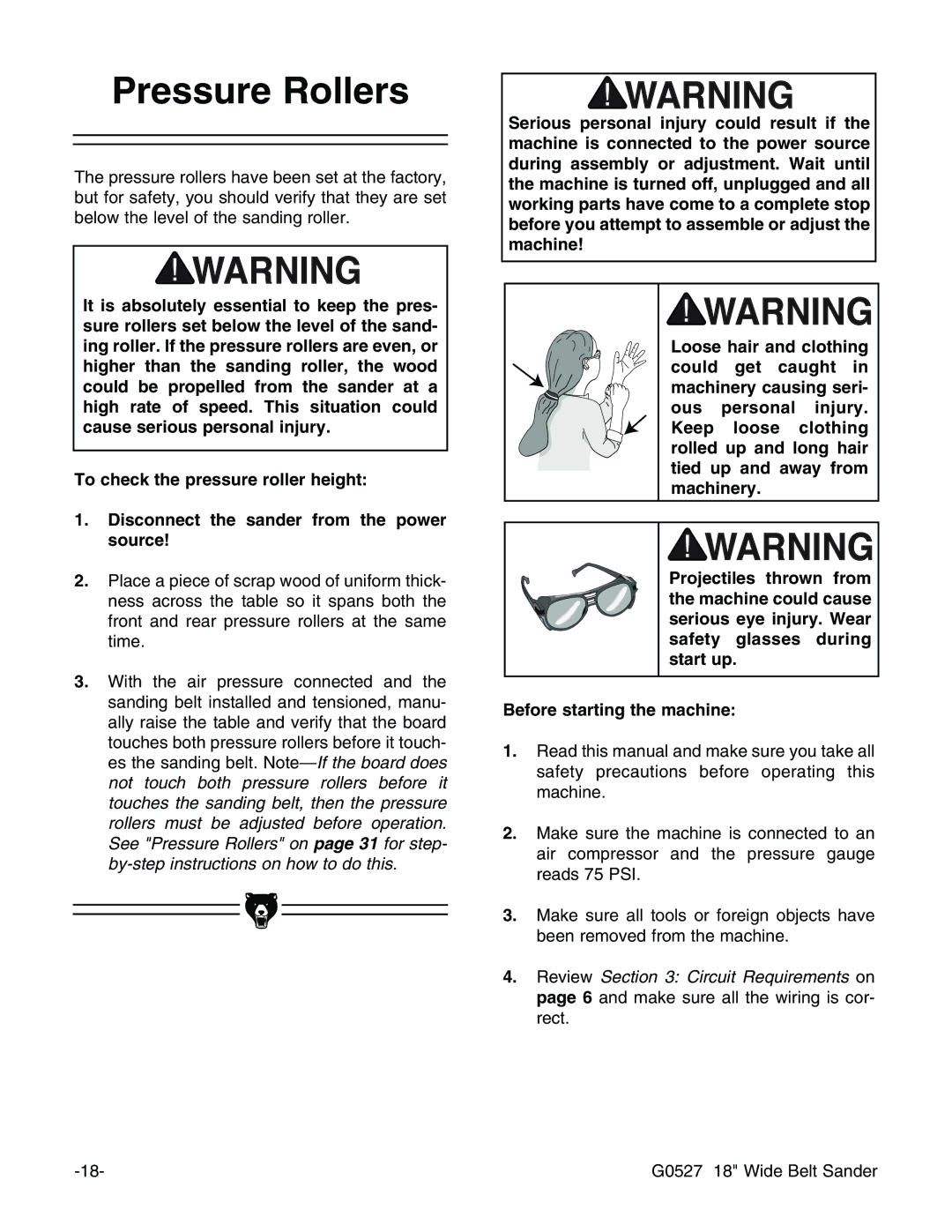 Grizzly G0527 instruction manual Pressure Rollers 