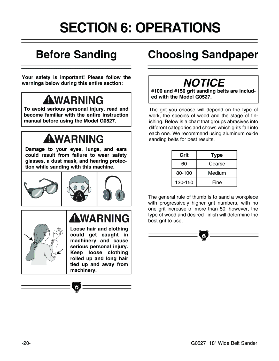 Grizzly G0527 instruction manual Operations, Before Sanding, Choosing Sandpaper, Grit 