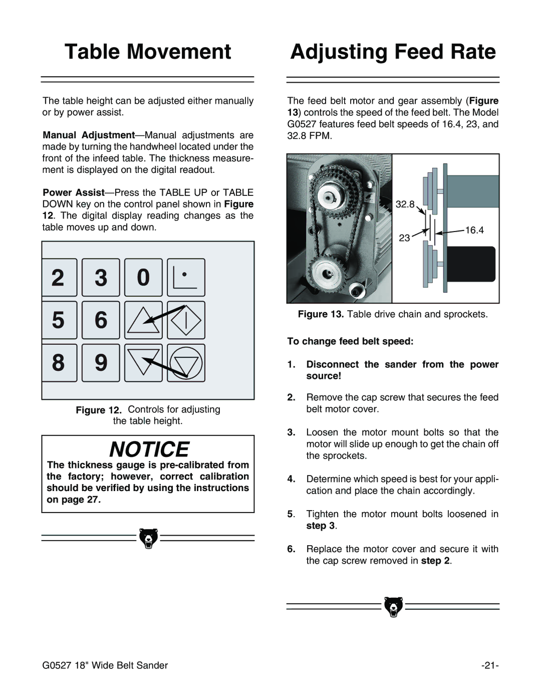 Grizzly G0527 instruction manual Table Movement Adjusting Feed Rate, Controls for adjusting Table height 