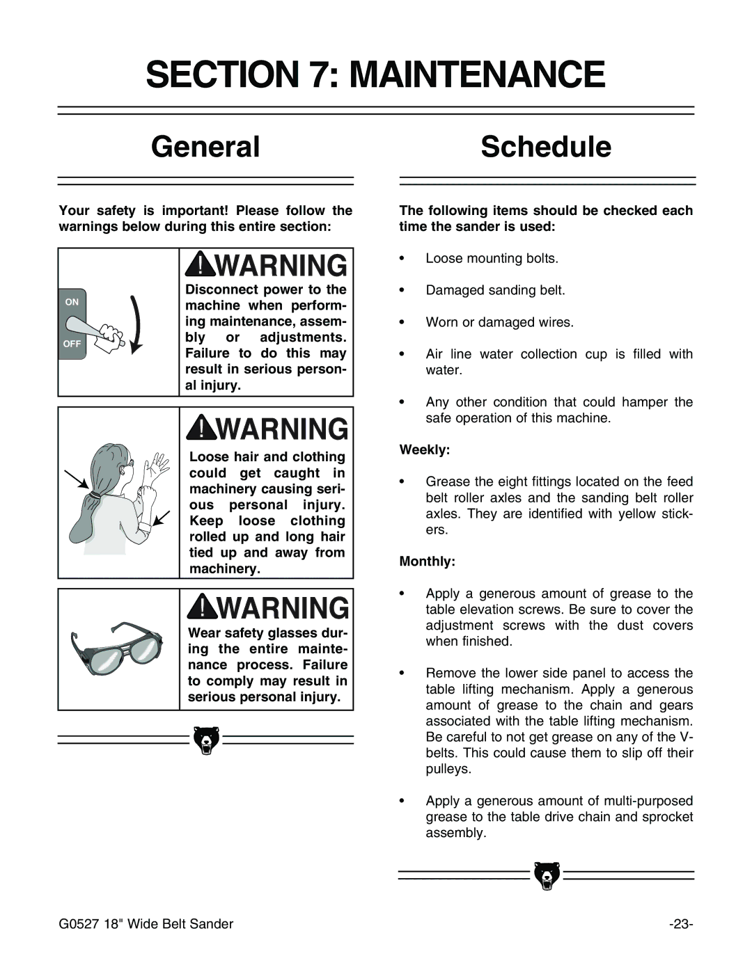 Grizzly G0527 instruction manual Maintenance, GeneralSchedule 