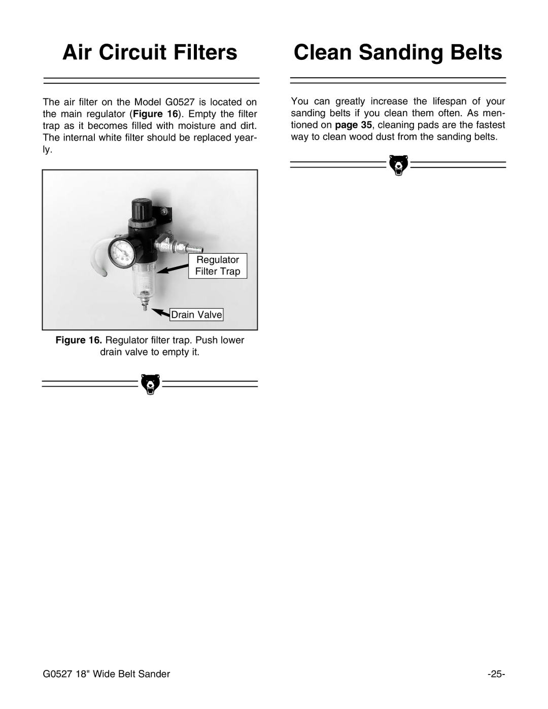 Grizzly G0527 instruction manual Air Circuit Filters Clean Sanding Belts 