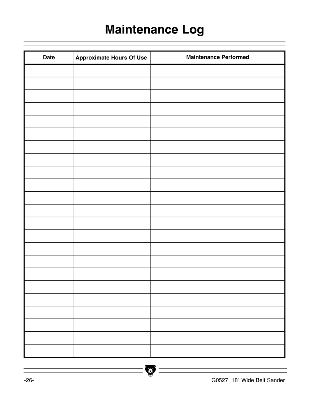 Grizzly G0527 instruction manual Maintenance Log, Date Approximate Hours Of Use Maintenance Performed 