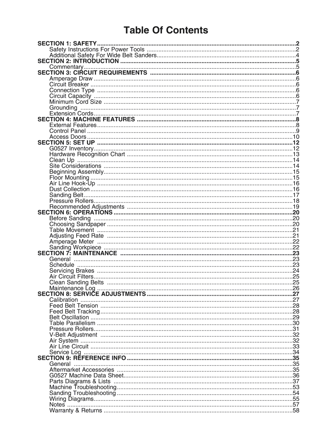 Grizzly G0527 instruction manual Table Of Contents 