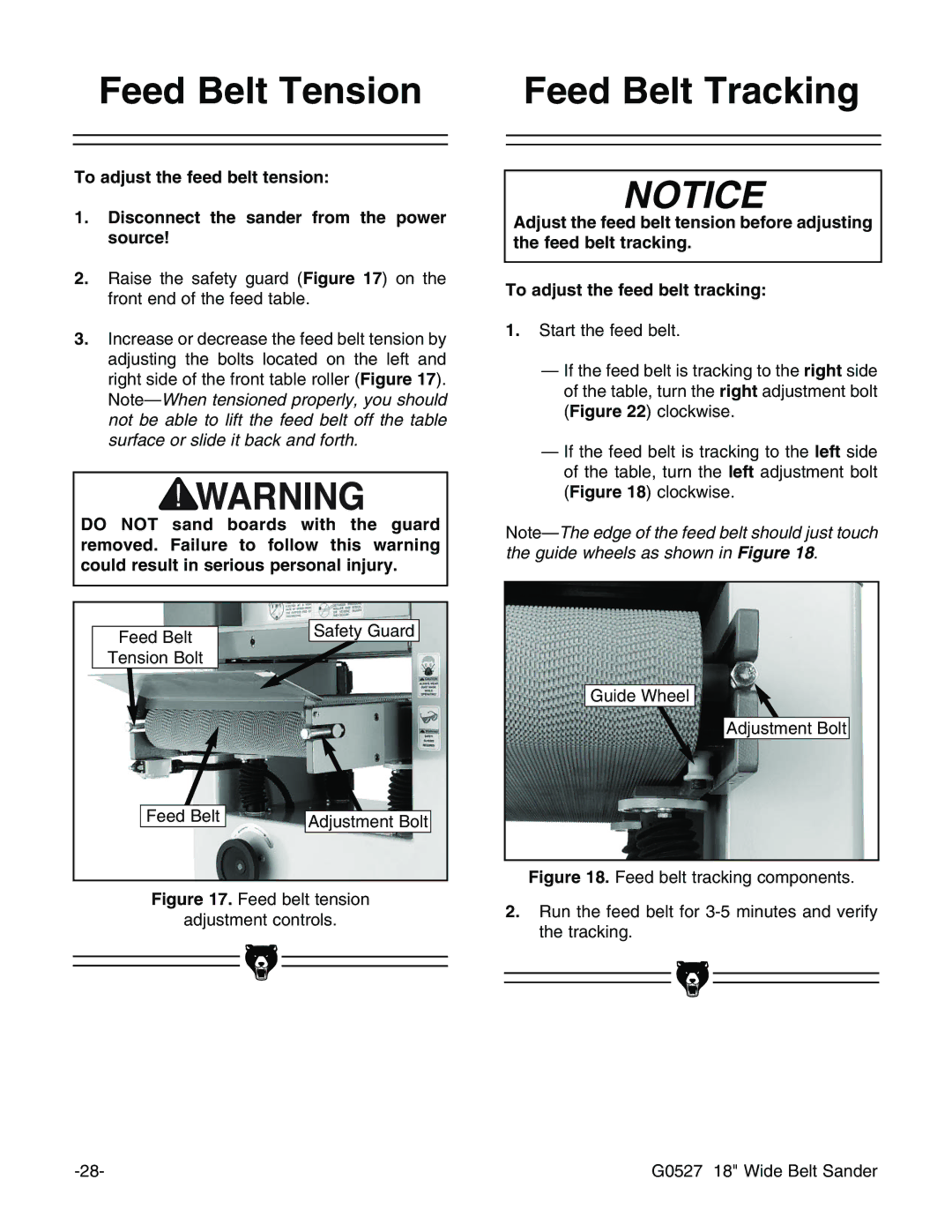 Grizzly G0527 instruction manual Feed Belt Tension, Feed Belt Tracking 