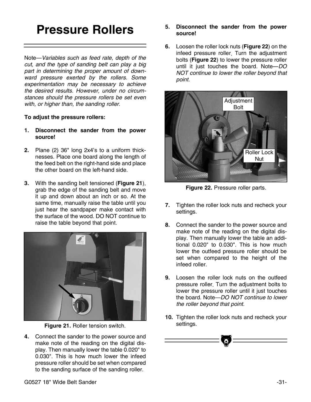 Grizzly G0527 instruction manual Pressure Rollers 