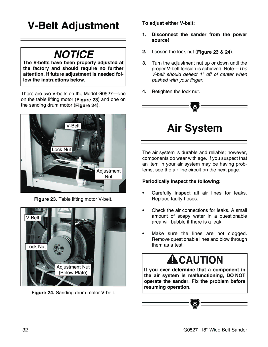 Grizzly G0527 instruction manual Belt Adjustment, Air System, Periodically inspect the following 