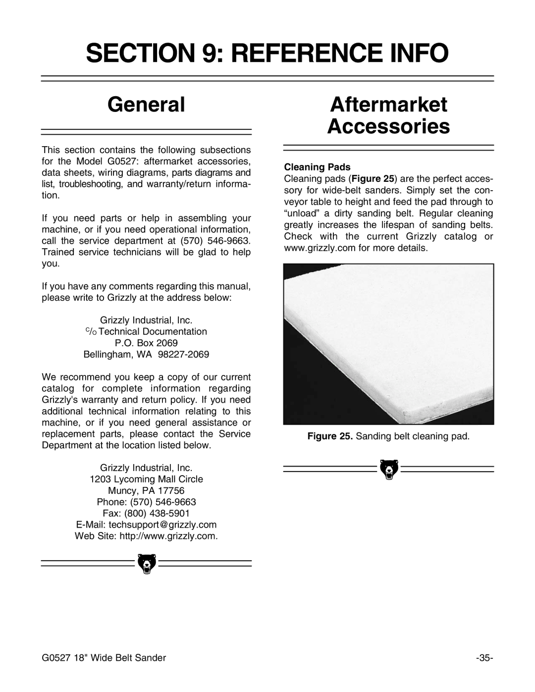 Grizzly G0527 instruction manual Reference Info, General, Aftermarket Accessories, Cleaning Pads 