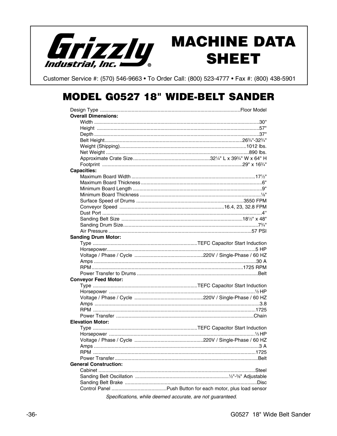 Grizzly G0527 instruction manual Machine Data Sheet 