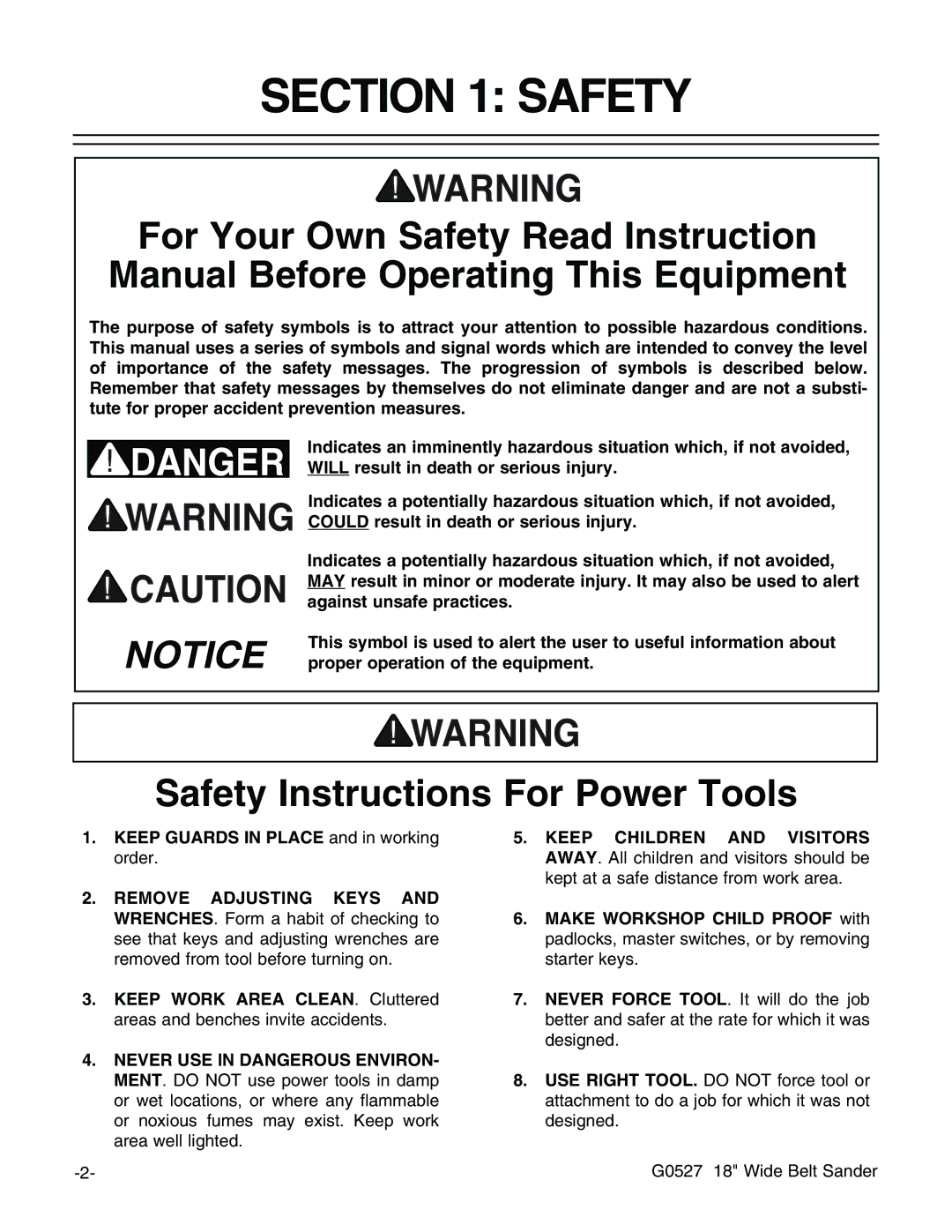 Grizzly G0527 instruction manual Safety Instructions For Power Tools 