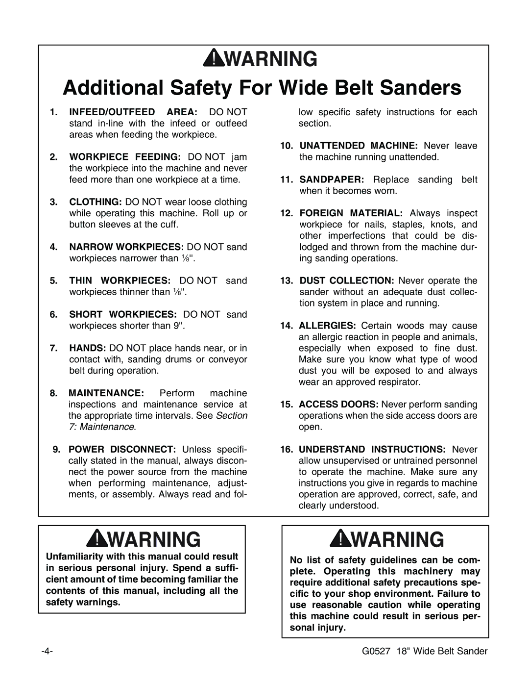 Grizzly G0527 instruction manual Additional Safety For Wide Belt Sanders 