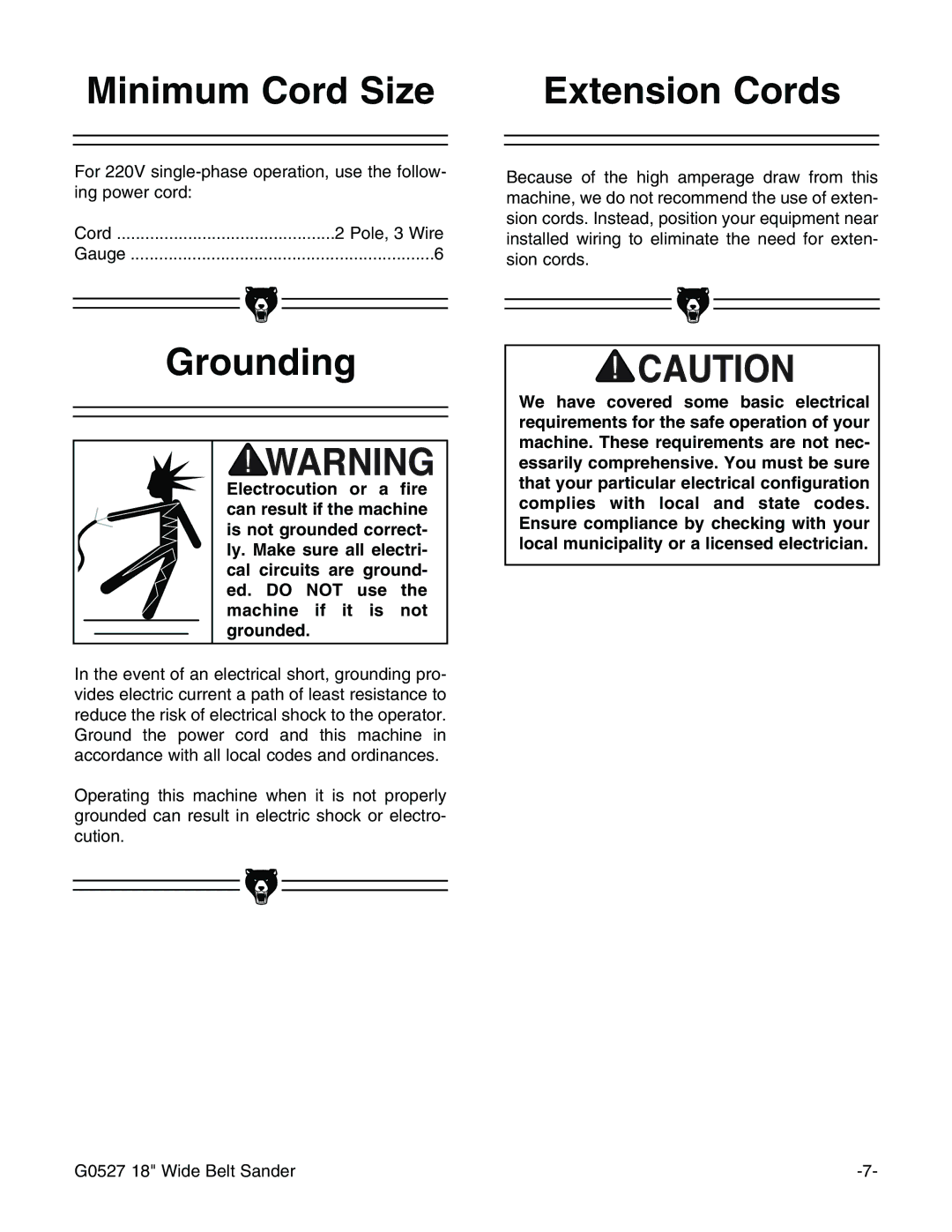 Grizzly G0527 instruction manual Minimum Cord Size Extension Cords, Grounding 