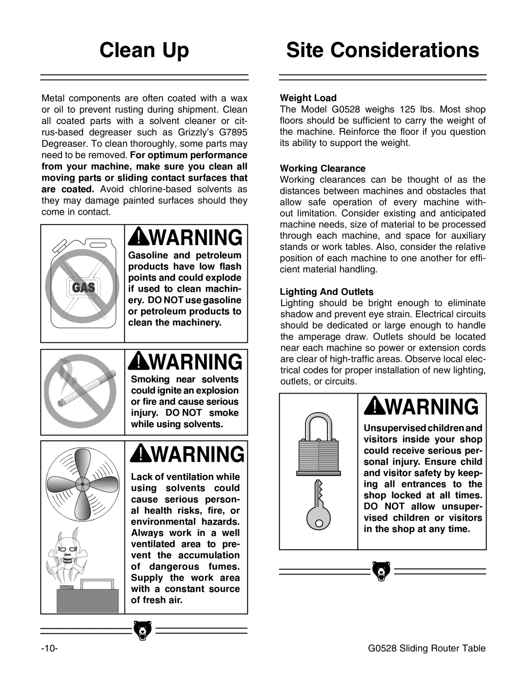 Grizzly G0528 instruction manual Clean Up, Working Clearance, Lighting And Outlets 