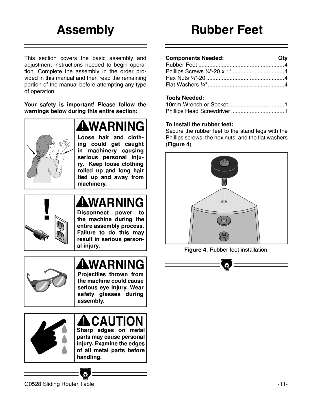 Grizzly G0528 instruction manual Assembly, Rubber Feet, Components Needed Qty, Tools Needed, To install the rubber feet 