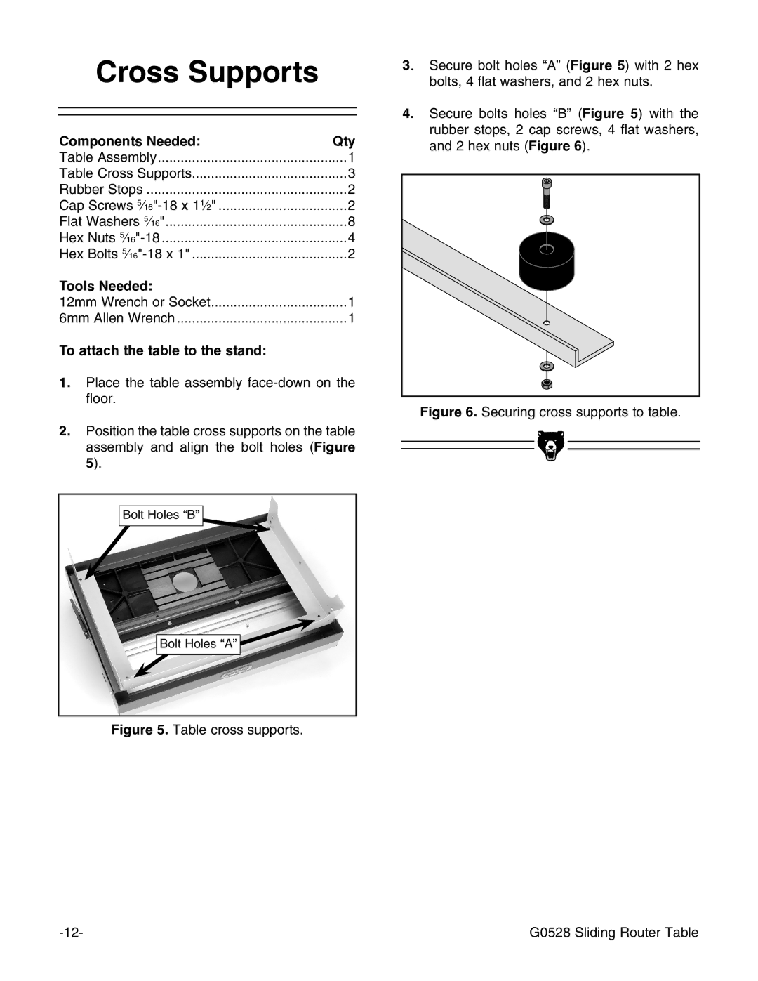 Grizzly G0528 instruction manual Cross Supports, To attach the table to the stand 