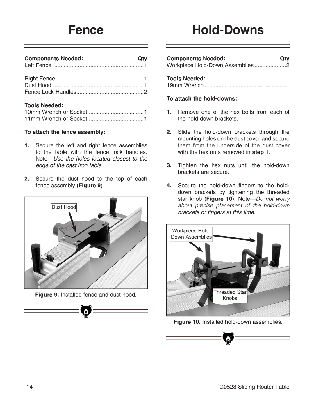 Grizzly G0528 instruction manual Fence Hold-Downs, To attach the fence assembly, To attach the hold-downs 