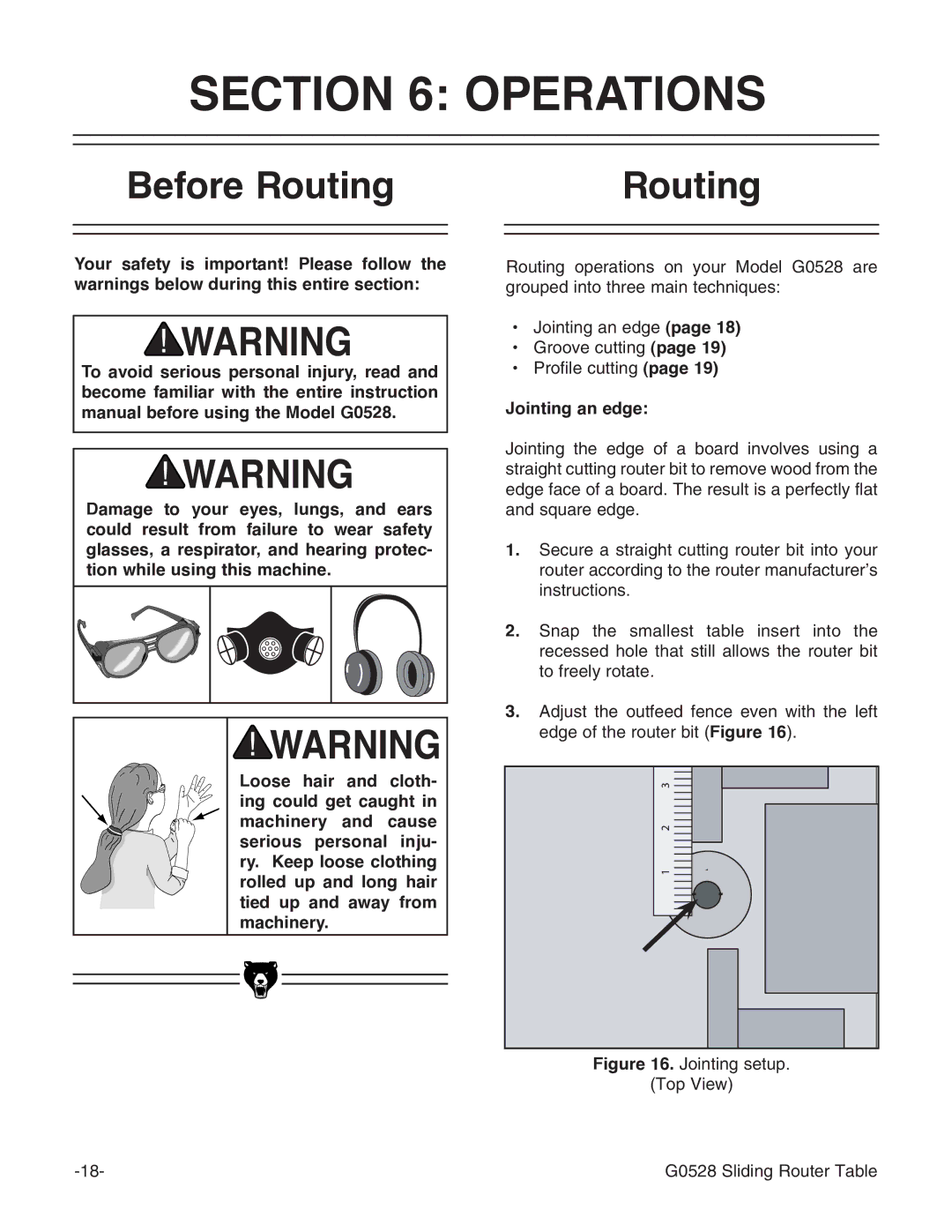 Grizzly G0528 instruction manual Operations, Before Routing, Jointing an edge 