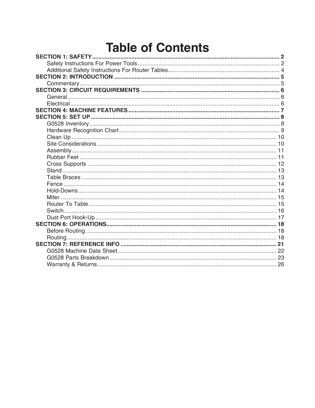 Grizzly G0528 instruction manual Table of Contents 