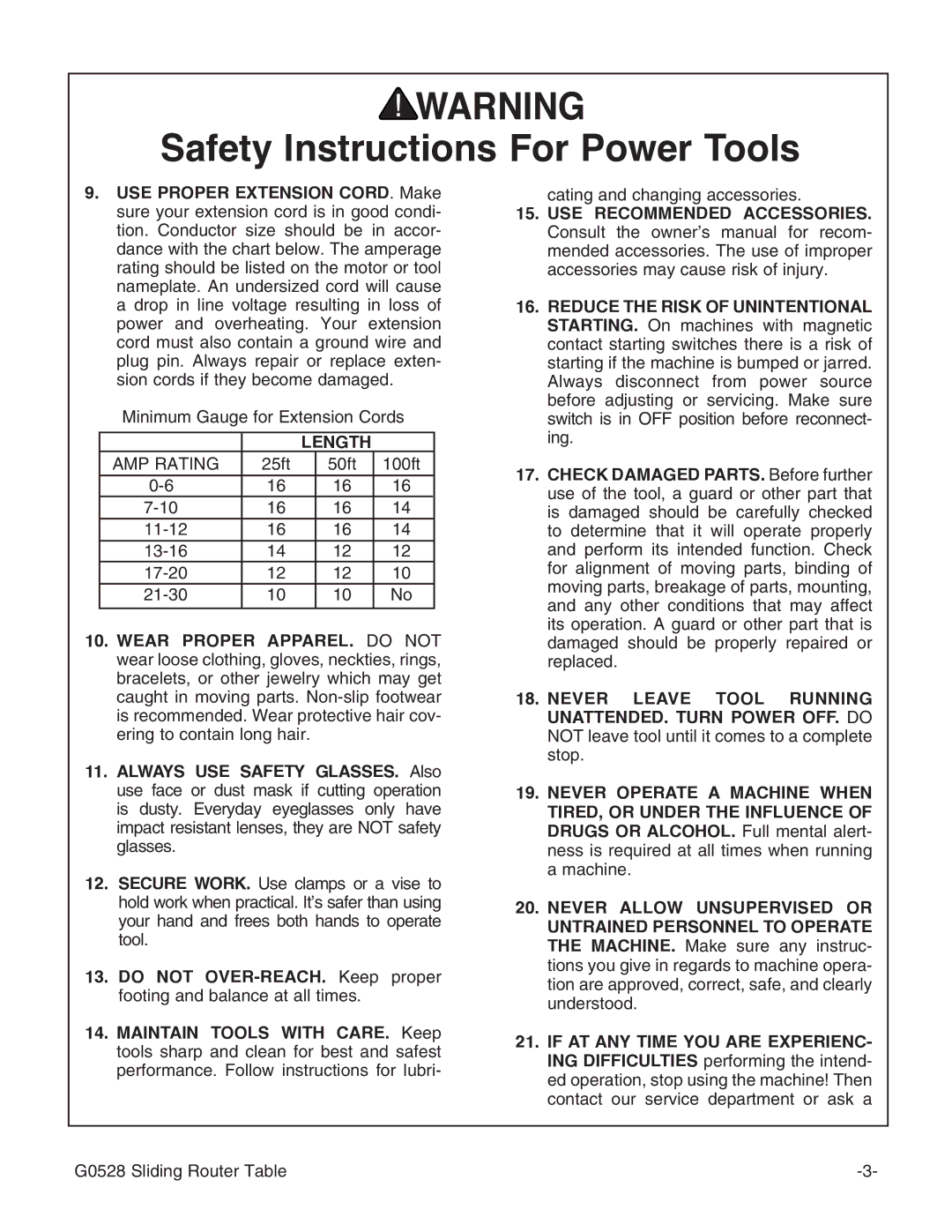 Grizzly G0528 instruction manual Length, AMP Rating 