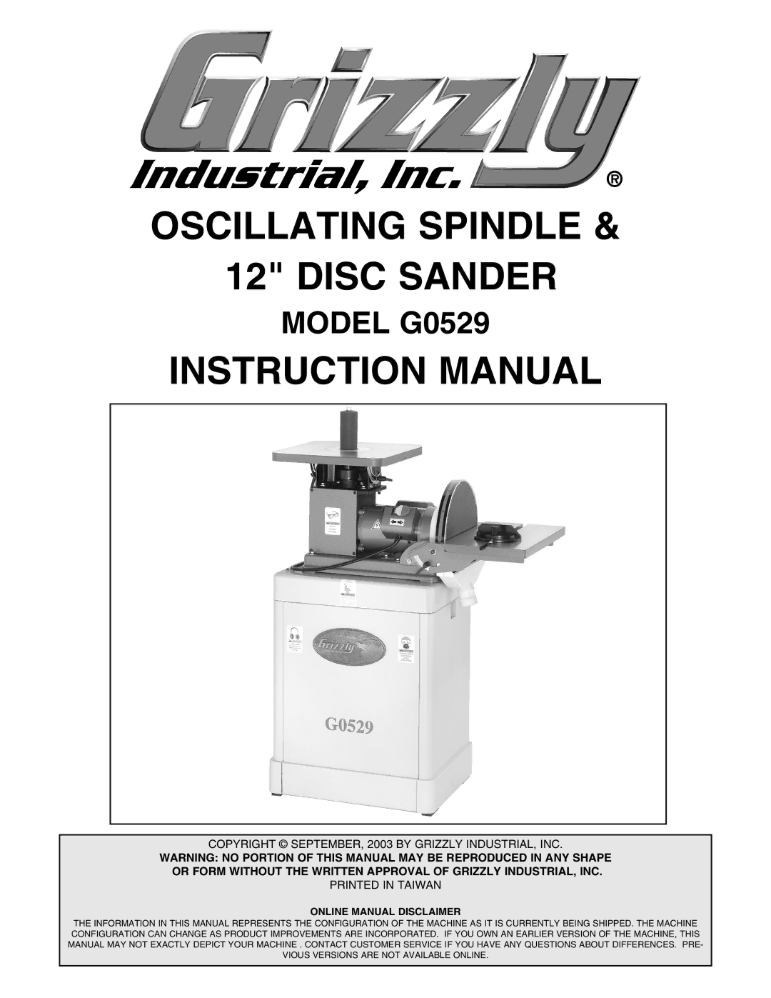 Grizzly instruction manual Oscillating Spindle Disc Sander, Model G0529 