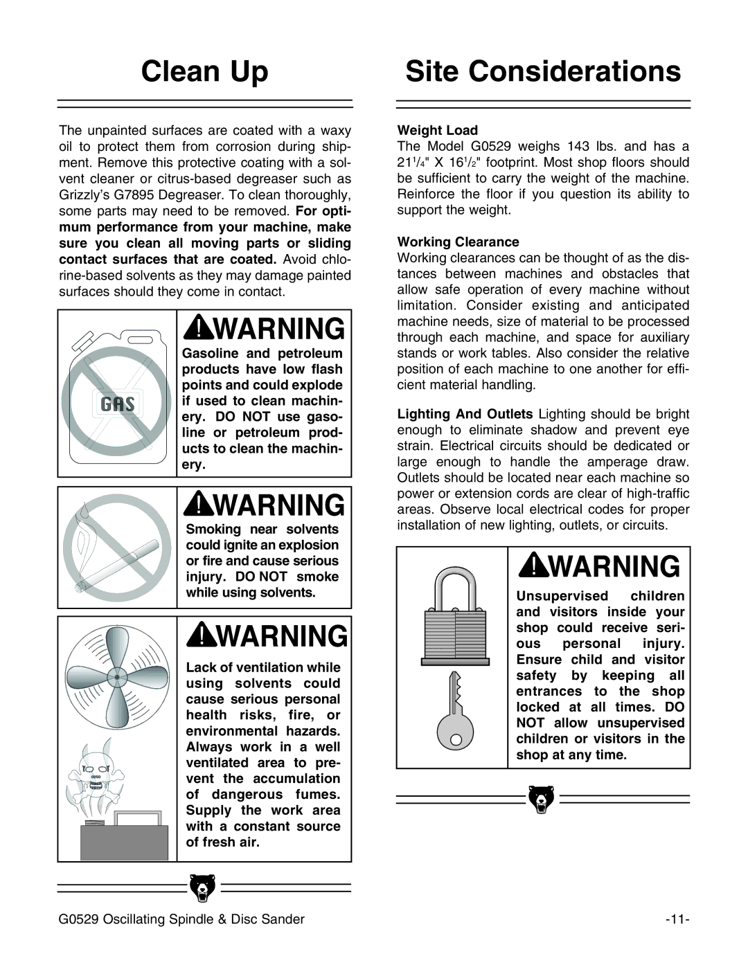 Grizzly G0529 instruction manual Clean Up, Site Considerations, Weight Load, Working Clearance 