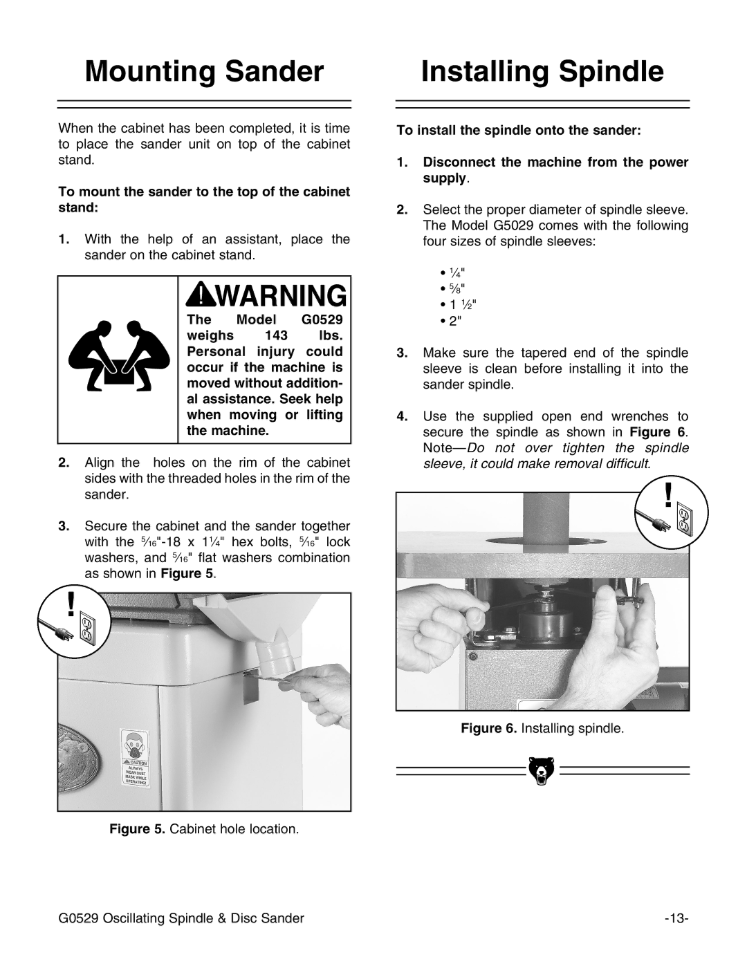 Grizzly G0529 instruction manual Mounting Sander, Installing Spindle, To mount the sander to the top of the cabinet stand 