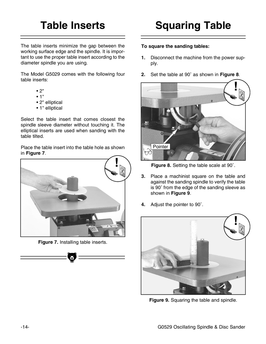 Grizzly G0529 instruction manual Table Inserts, Squaring Table, To square the sanding tables 