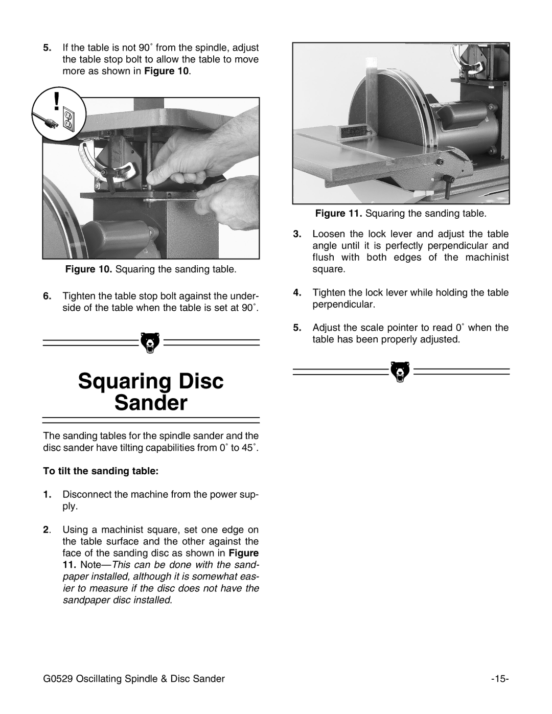 Grizzly G0529 instruction manual Squaring Disc Sander, To tilt the sanding table 