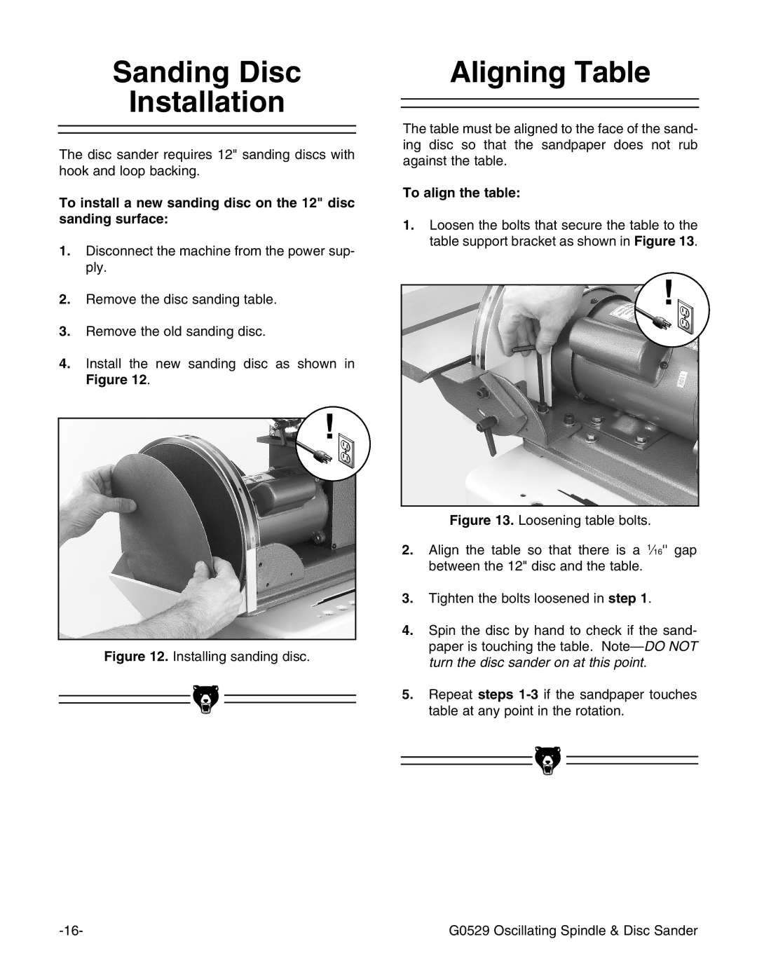 Grizzly G0529 instruction manual Sanding Disc Installation, Aligning Table, To align the table 