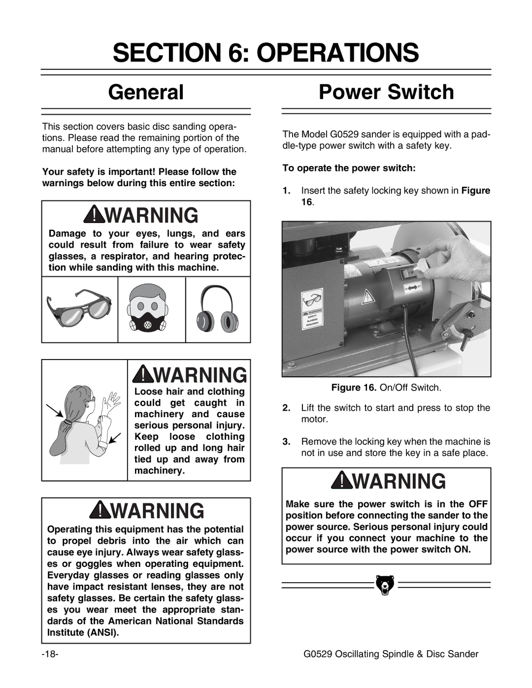 Grizzly G0529 instruction manual Operations, General, Power Switch, To operate the power switch 