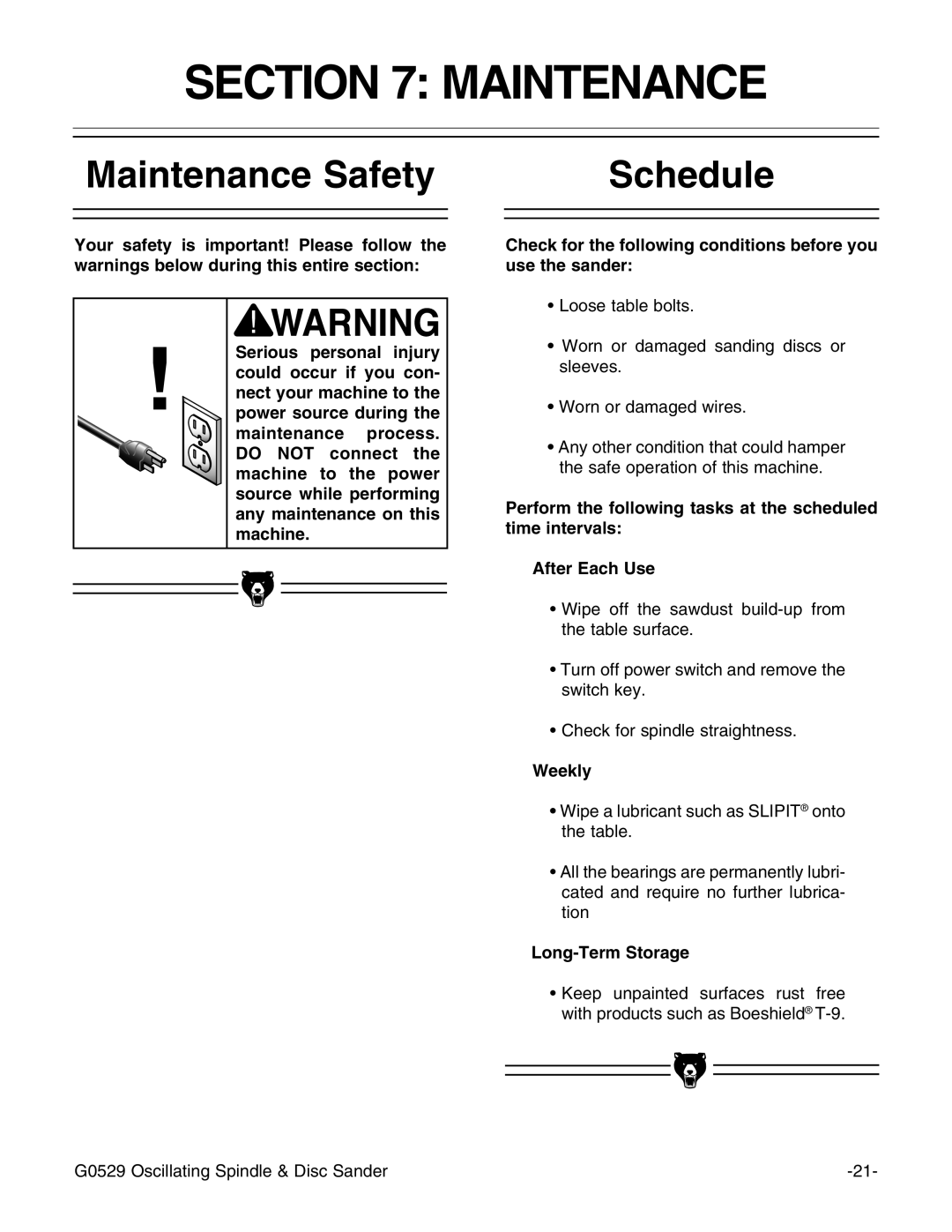 Grizzly G0529 instruction manual Maintenance Safety, Schedule, Weekly, Long-Term Storage 