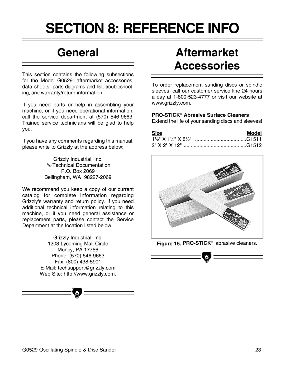 Grizzly G0529 instruction manual Reference Info, Aftermarket Accessories, Size Model 