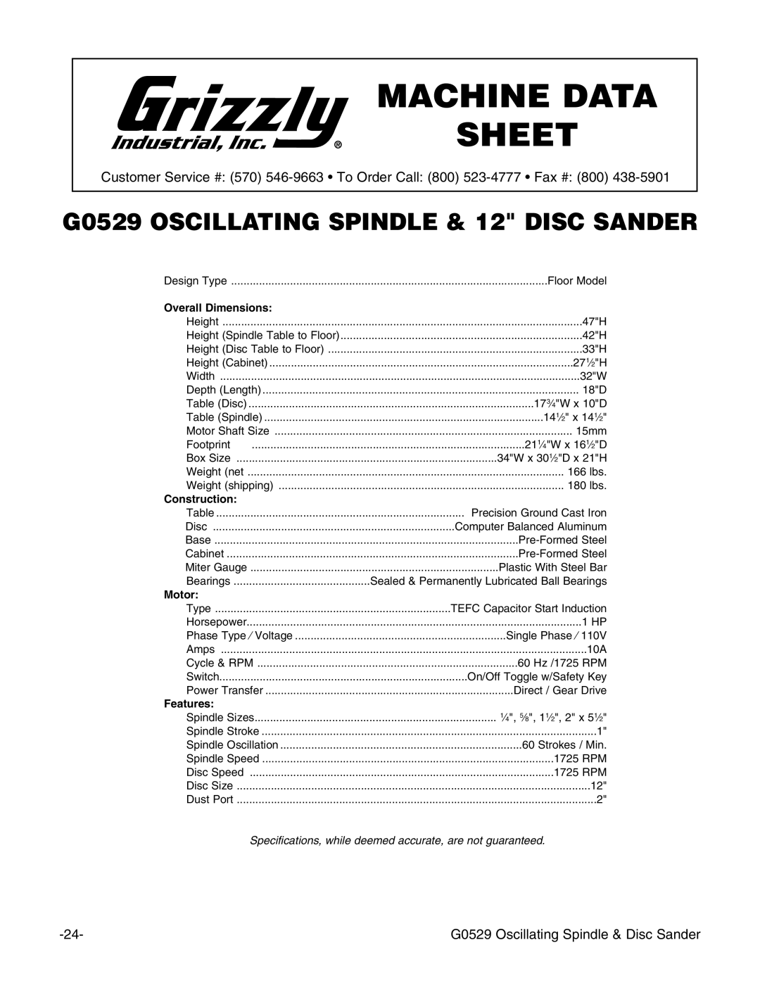 Grizzly G0529 instruction manual Machine Data Sheet 