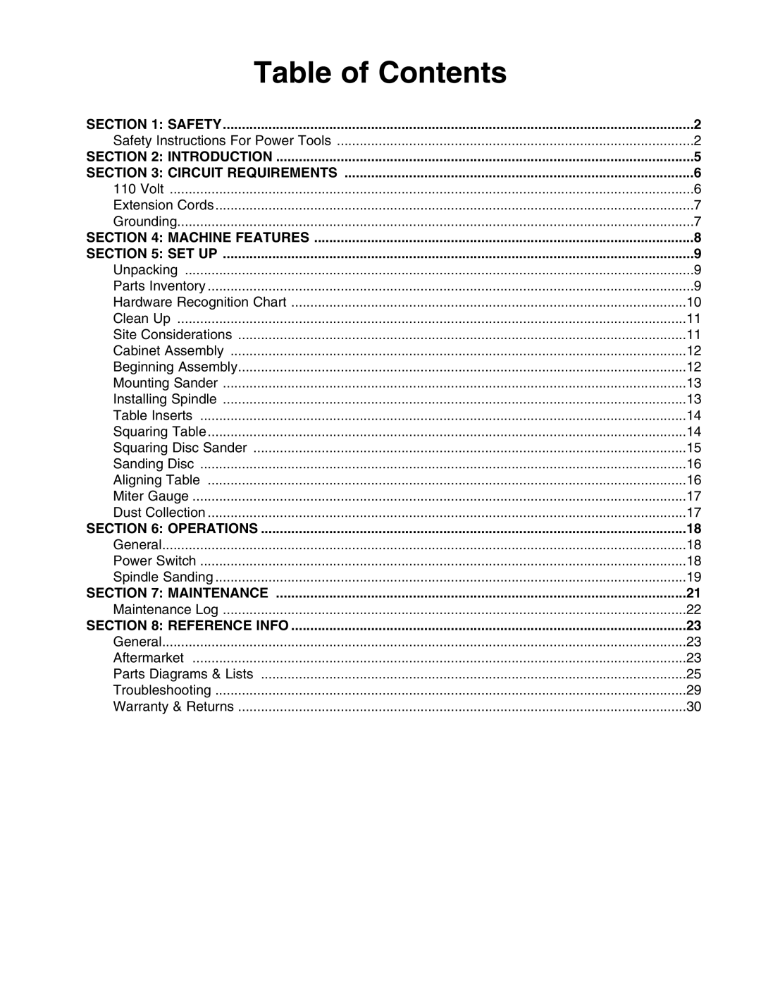 Grizzly G0529 instruction manual Table of Contents 