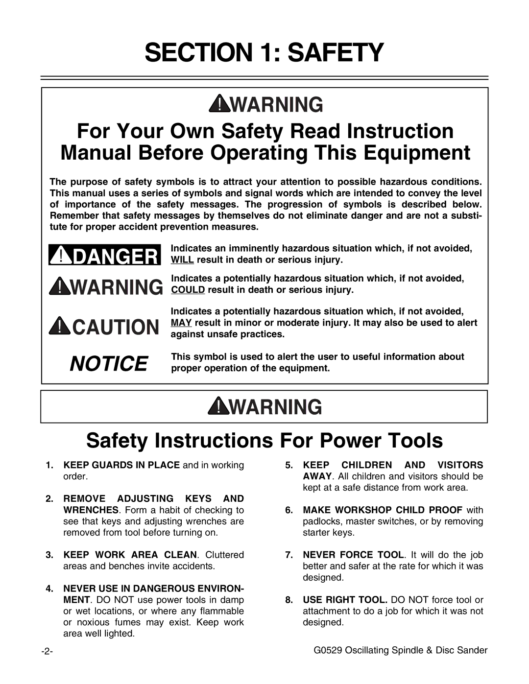 Grizzly G0529 instruction manual Safety Instructions For Power Tools 