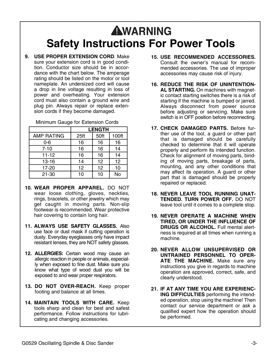 Grizzly G0529 instruction manual Length, AMP Rating 